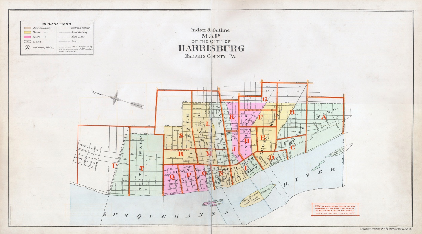 1889 HARRISBURG DAUPHIN COUNTY PA MIDTOWN BOAS & VERBEKE SCHOOLS COPY ATLAS MAP 